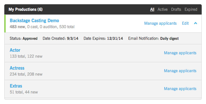 Selecting a production via the Casting Dashboard